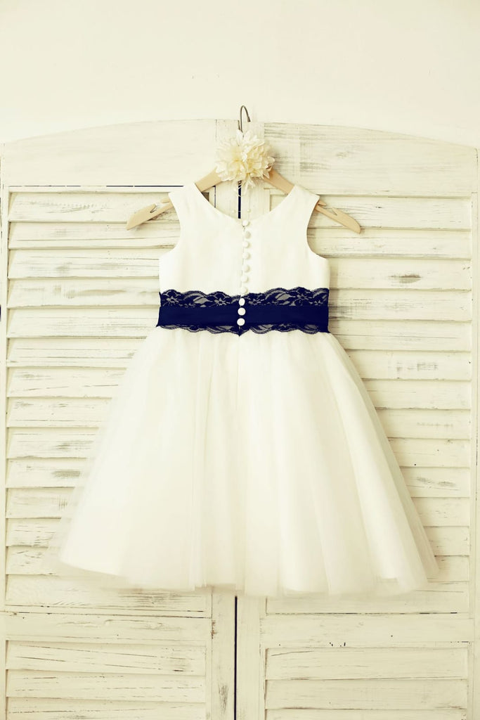 Ivory Satin Tulle Flower Girl Dress with Navy Blue Lace Sash - Princessly
