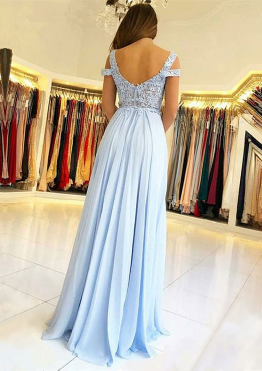 A-line Cold Shoulder Sky Blue Lace Chiffon Split Long Prom Dress ...