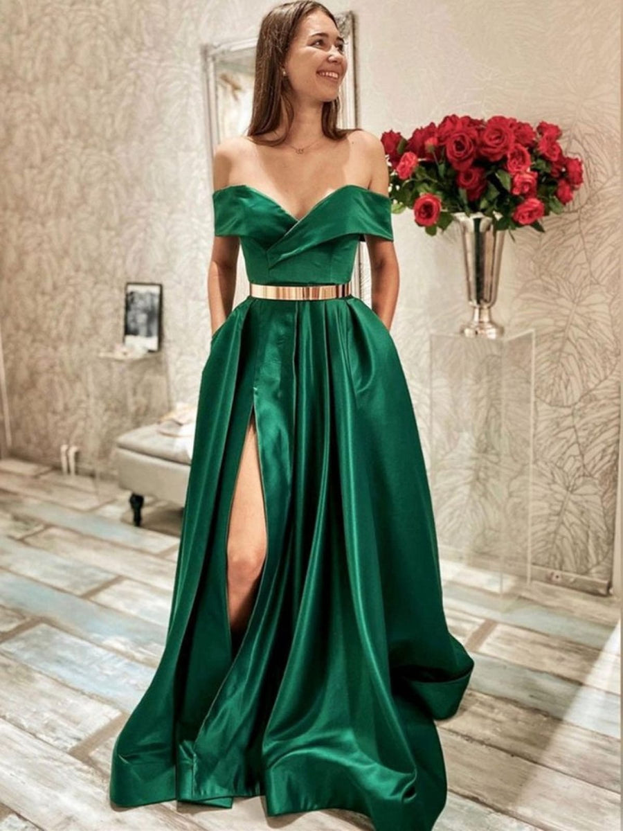 A-Line Prom Dress Green Satin Off Shoulder Surplice Pleats Slit, Gold ...