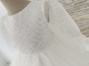 Long Organza Sleeves Sequin Tulle V Back Wedding Flower Girl