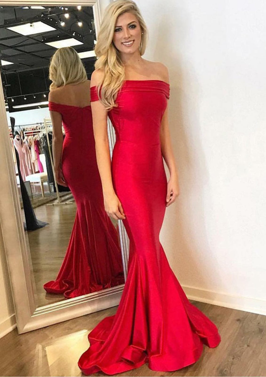 Mermaid Off Shoulder Straight Neck Sweep Red Elastic Satin Evening Dre Princessly 5096