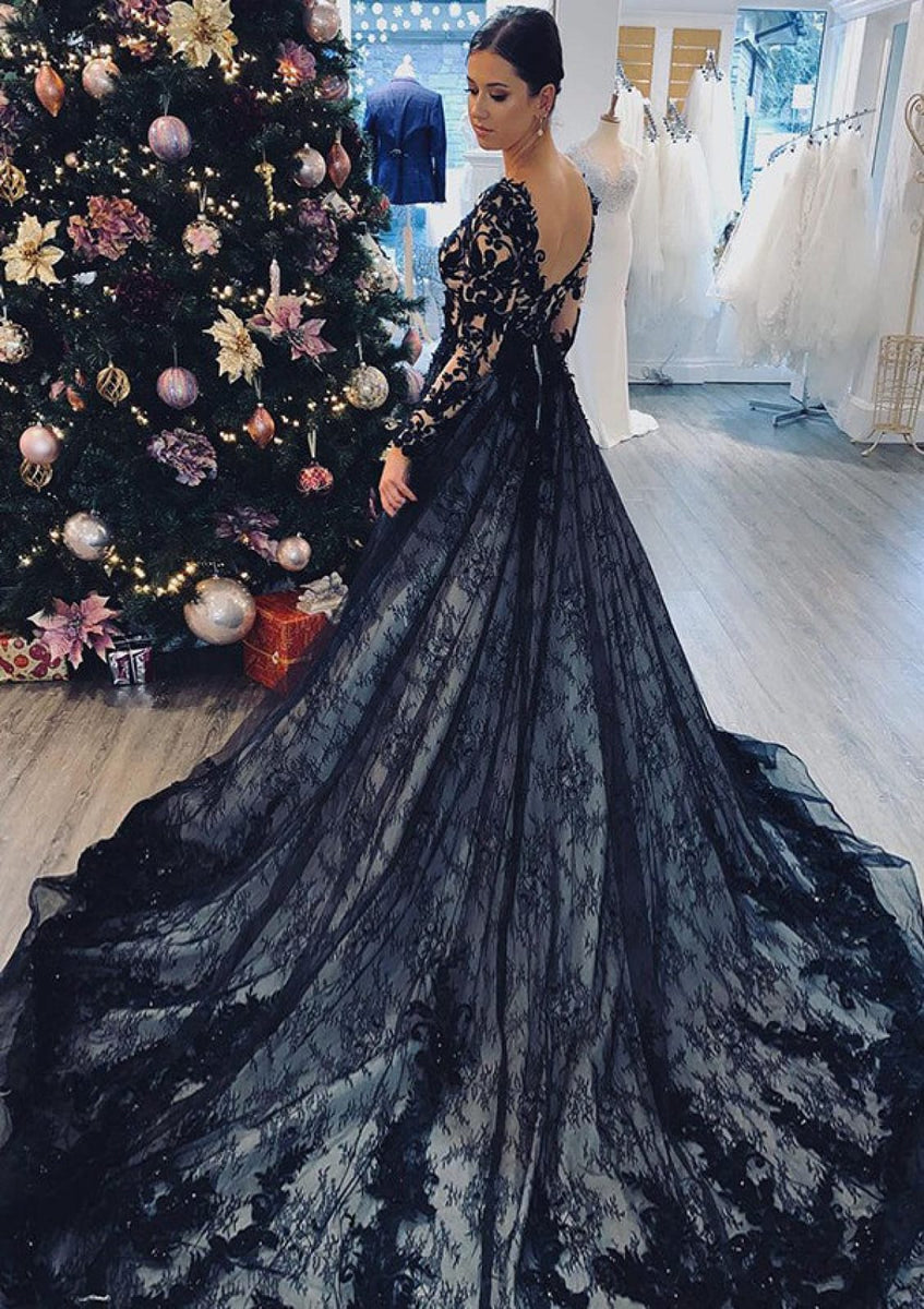 V Neck Long Sleeve Chapel Train Black Lace Wedding Dress - Princessly