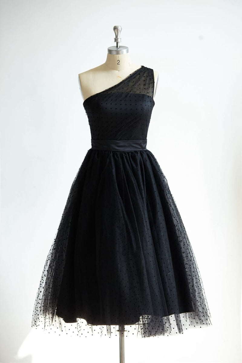 One Shoulder Black Polk Dot Tulle Short Tea Length Prom Party Dress ...