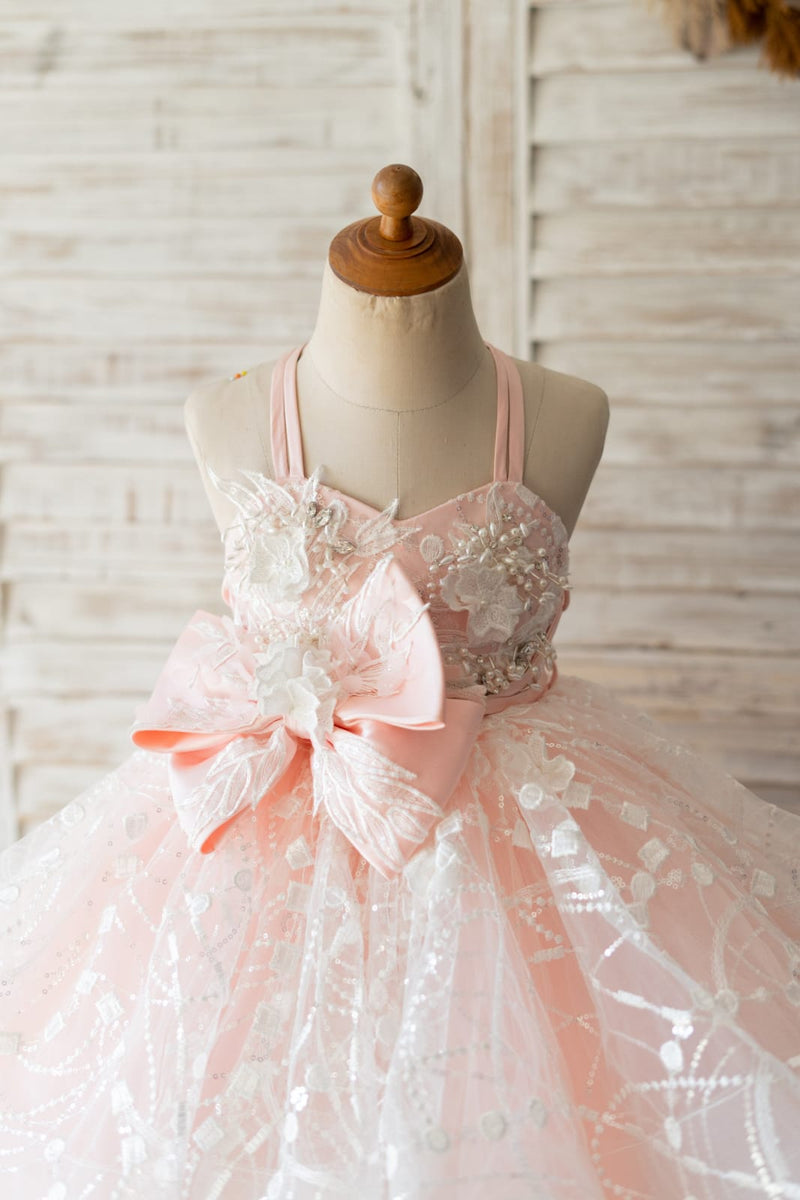 Pink Tulle Beaded Lace Straps Cross Back Wedding Flower Girl Dress Kid ...