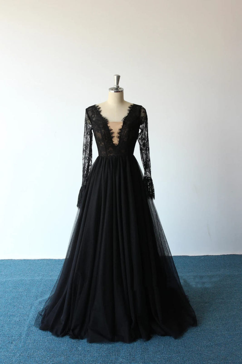 Plunge Long Sleeve Sweep Lace Tulle A-line Black Wedding Dress - Princessly