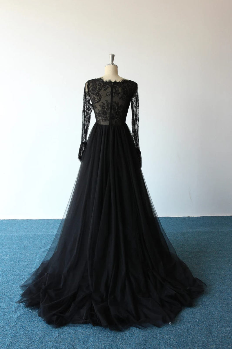 Plunge Long Sleeve Sweep Lace Tulle A-line Black Wedding Dress - Princessly