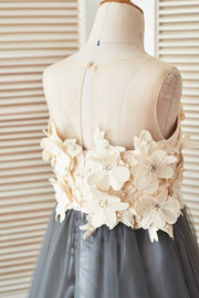 Sheer Illusion Neck Gray Tulle Wedding Flower Girl Dress 