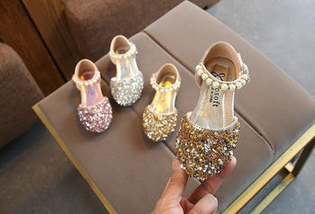 gold glitter flower girl shoes