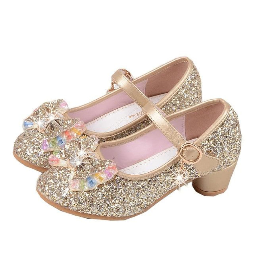 gold glitter flower girl shoes