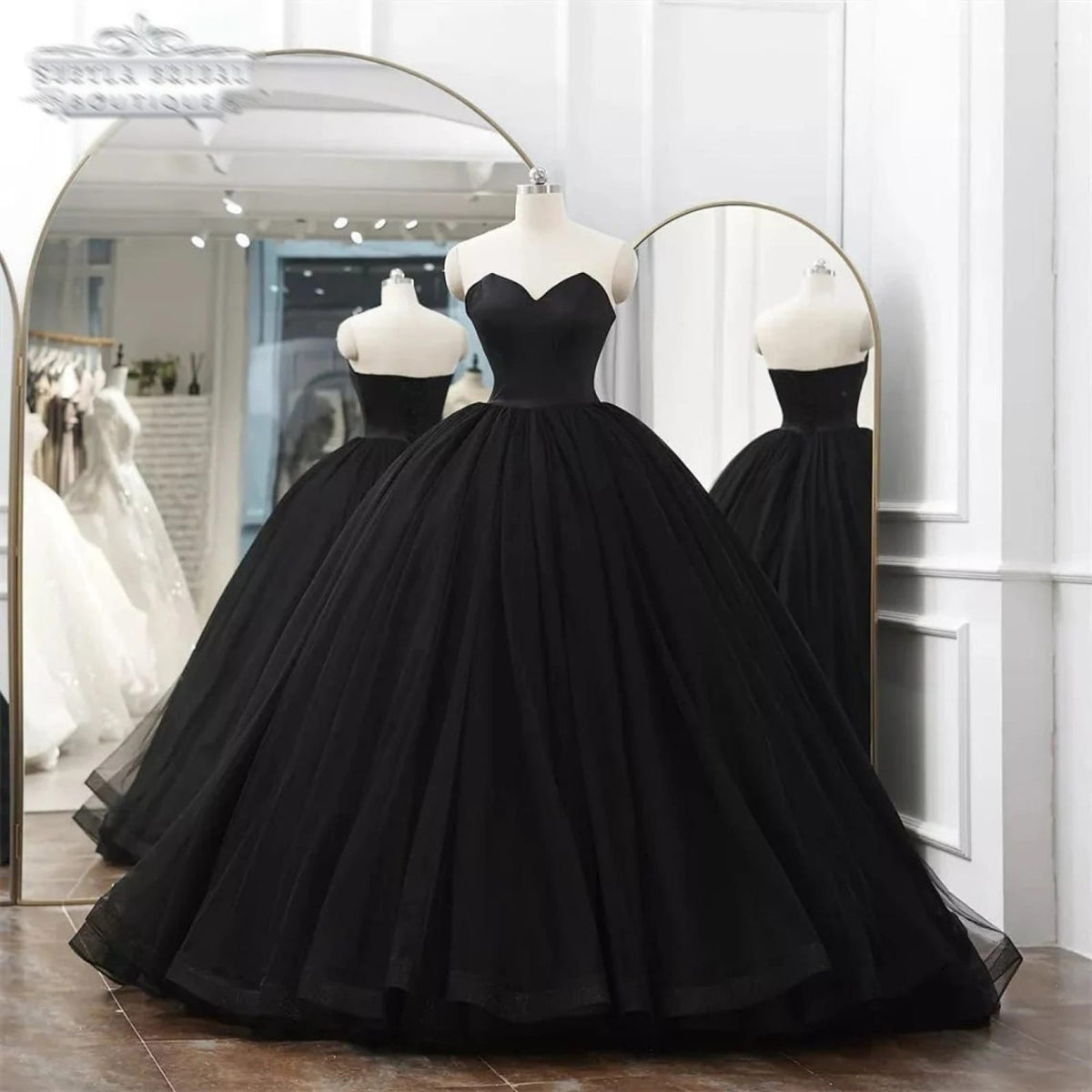 Strapless Sweetheart Black Satin Tulle Court Ball Gown Wedding Dress ...