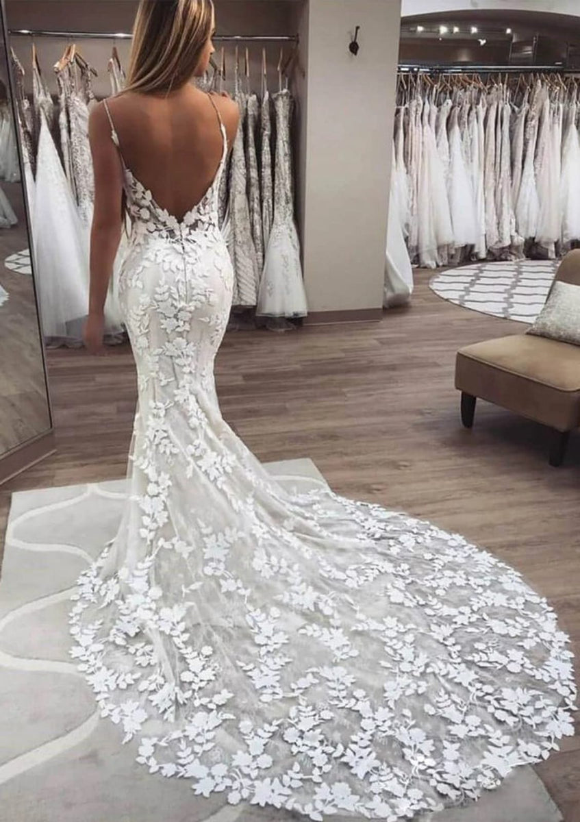 Straps Open Back Leaves Lace Chapel Mermaid Wedding Dress - Princessly