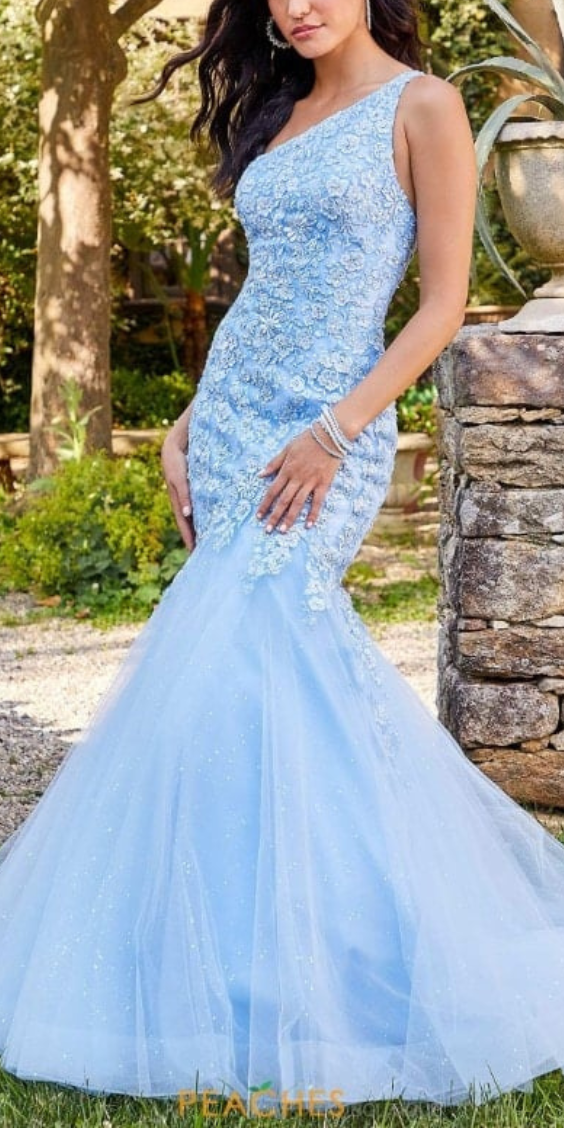Light blue one-shoulder wedding dress