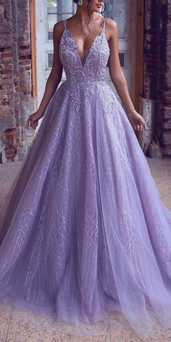 Elegant purple plunging wedding dress