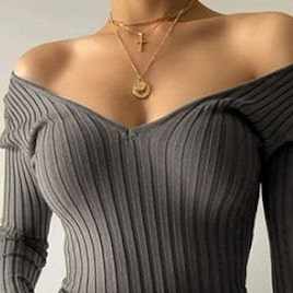 off-shoulder v-neckline ribbed grey long-sleeve