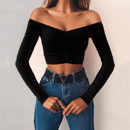 Off-shoulder long-sleeve black top