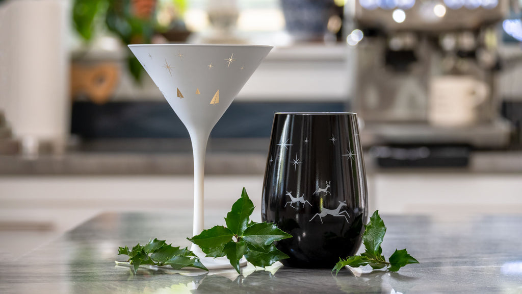 Rolf Glass Wonderland 10oz Martini and 16.5oz Stemless Wine Glassware | Holiday Glassware