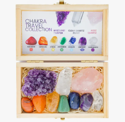 a small travel case of chakra crystals