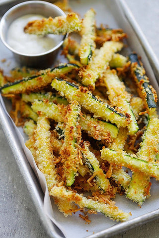 Zucchini Fries and Paleo Ranch Dressing on serving tray