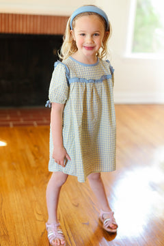 MINI BABES Charming Elastic Tie Sleeve Dress, Blue Gingham