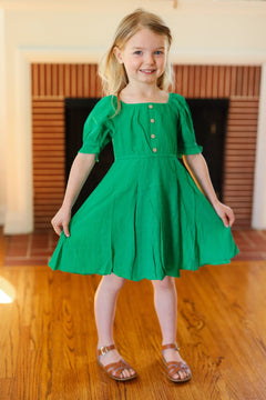 MINI BABES Adorable Button Square Neck Dress, Green