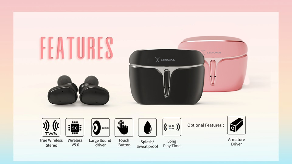 Lexuma-XBud2-Mini-true-wireless-stereo-bluetooth-earbuds-pink-sports-workout-earphones-waterproof-features