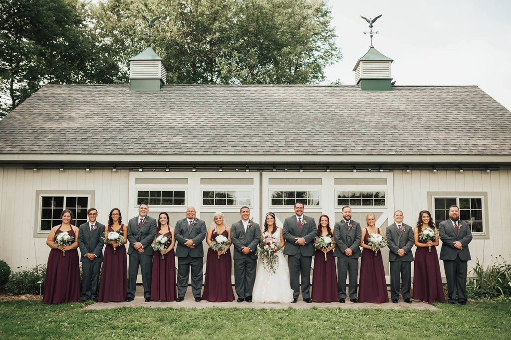 Bordeaux Bridesmaids with Gray Groomsmen