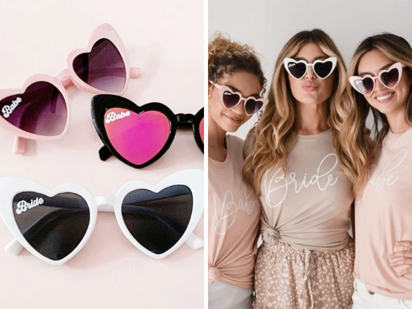 Bride and Bridesmaid heart-shaped sunglasses in pink, black, and white. 