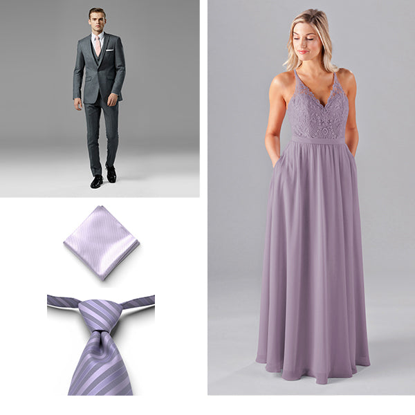 Generation Tux Iron Gray Peak Lapel Suit, Freesia Pre Tied Striped Tie, Lilac Pocket Square, Kennedy Blue Bridesmaid Dress Iris French Lilac