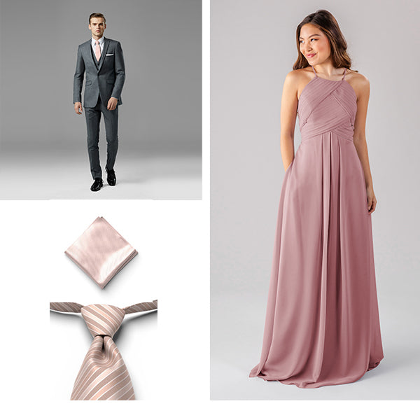 Generation Tux Iron Gray Peak Lapel Suit, Rose Gold Pre Tied Striped Tie, Petal Pocket Square, Kennedy Blue Bridesmaid Dress Milly Desert Rose