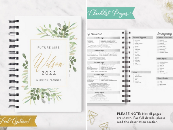 Wedding Planner Organizer with checklist pages to organize and prepare wedding details.