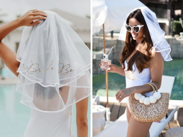 Brides having fun by a pool wearing a fun "Bride-to-Be" veil for their bachelorette party.