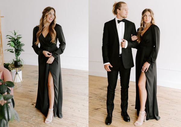 Long Sleeve Satin Black Bridesmaid Dress