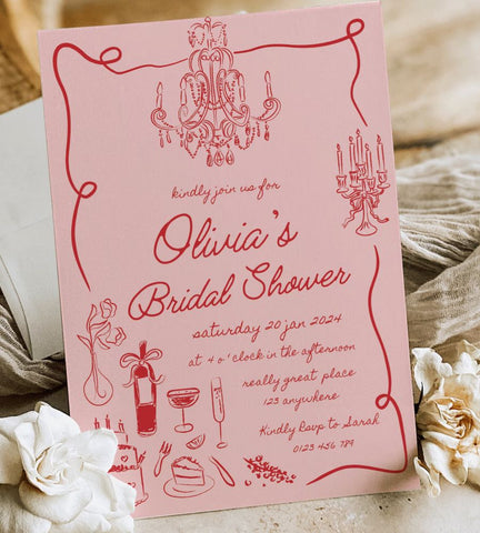 Pink Hand Drawn Bridal Shower Invitation