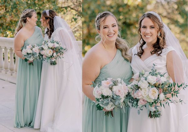 Bridesmaid wearing Sage Green smiling with the Bride