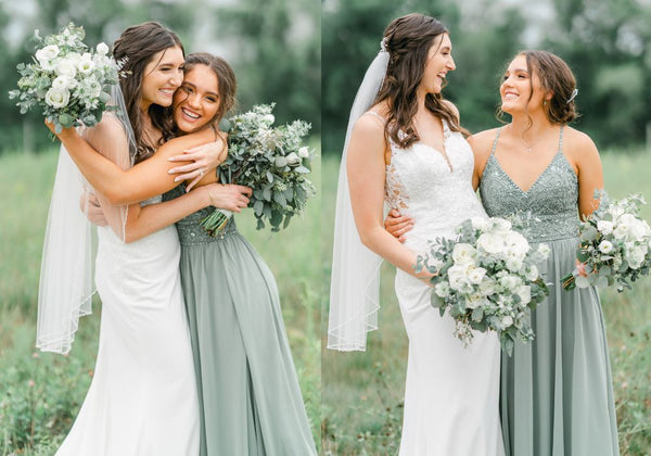 Devin Sage Green Bridesmaid Dress + Bride