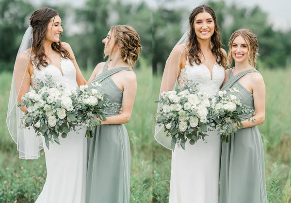 Bride and Bridesmaid Smiling wearing Kennedy Blue