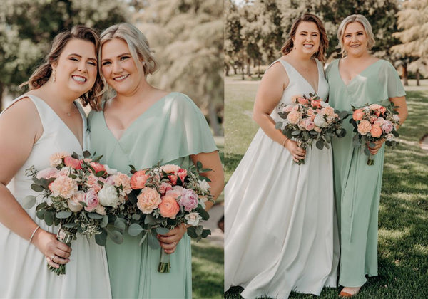 Kennedy Blue bridesmaid in Sage Green next to Bride