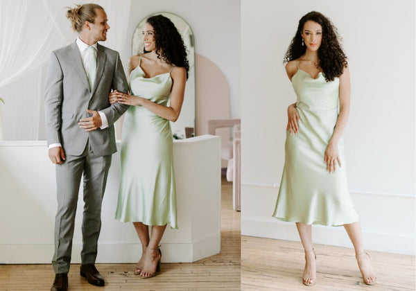 Satin Sage Green Bridesmaid Dress with Groomsmen Tie