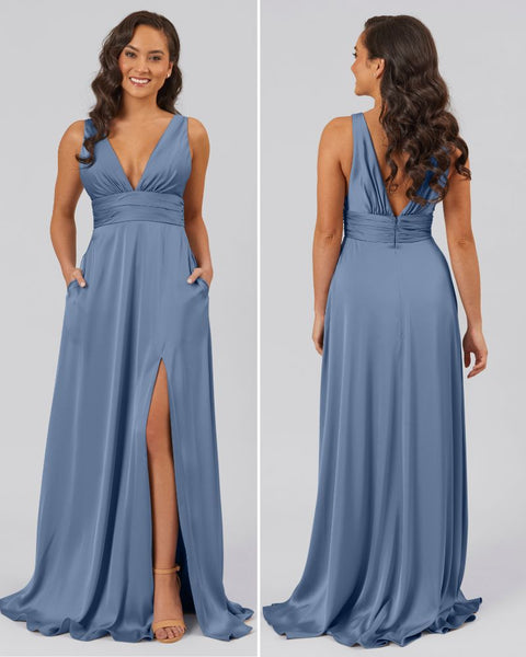 Deep V Satin Dusty Blue Bridesmaid Dress