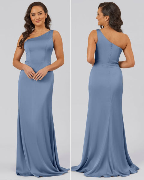 One Shoulder Satin Dusty Blue Bridesmaid Dress