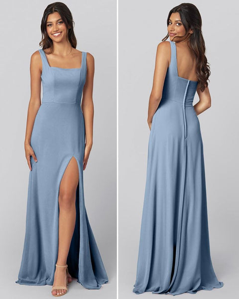Dusty Blue Floral Lace Tulle Overlay Illusion Neck Gown - Xdressy