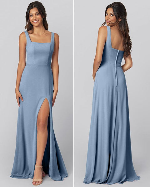 Square Neck Dusty Blue Bridesmaid Dress