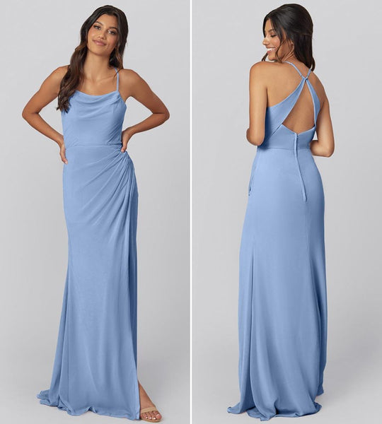 Blue Cowl Neck Bridesmaid Dress