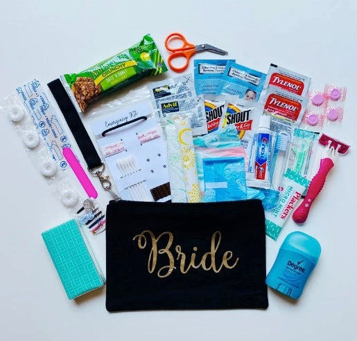 Personalized Bride Emergency Kit filled with toiletries, and getting-ready items