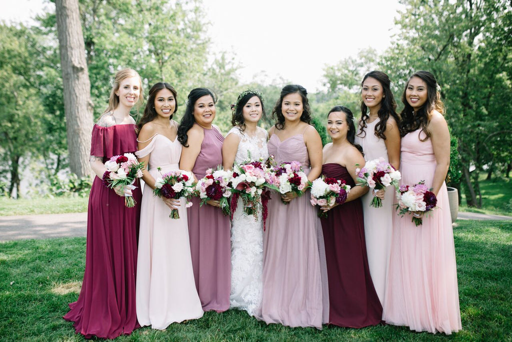 Perfectly mismatched bridesmaid dresses