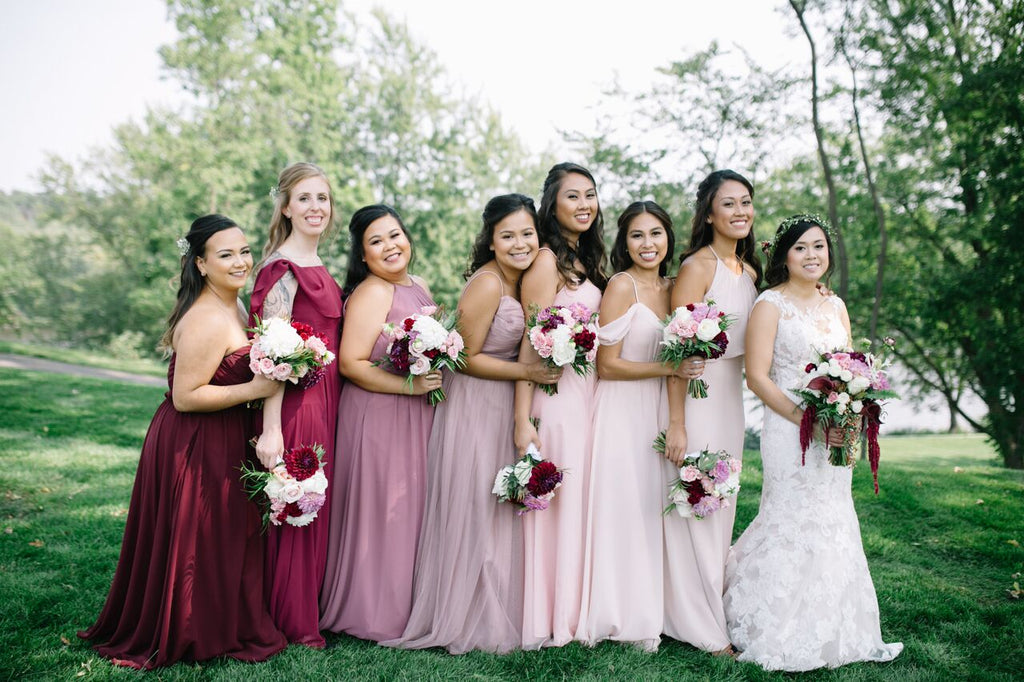 Ombre pink and maroon bridesmaids