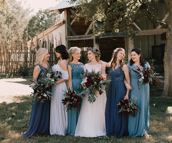 blue and gray bridesmaid dresses