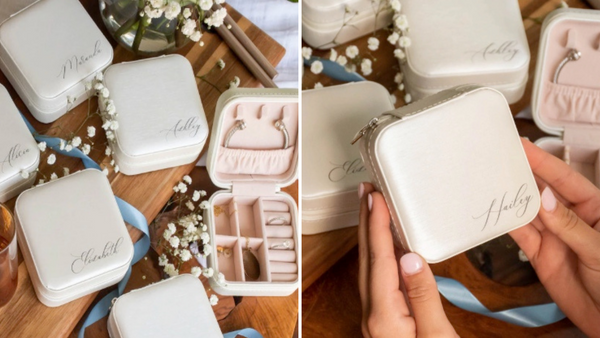 Personalized leatherette bridesmaid jewelry boxes.