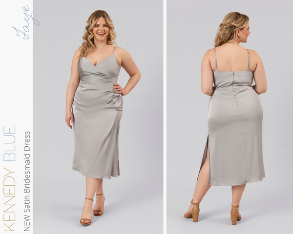 Kennedy Blue model wearing Kennedy Blue Satin Bridesmaid Dress "Taye" in 'Grey'.