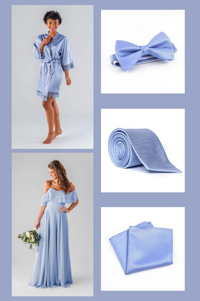 Kennedy Blue Bridesmaid Dress, Robe, and Men's Accessories including a tie, bowtie, and pocket square in shades of light blue.